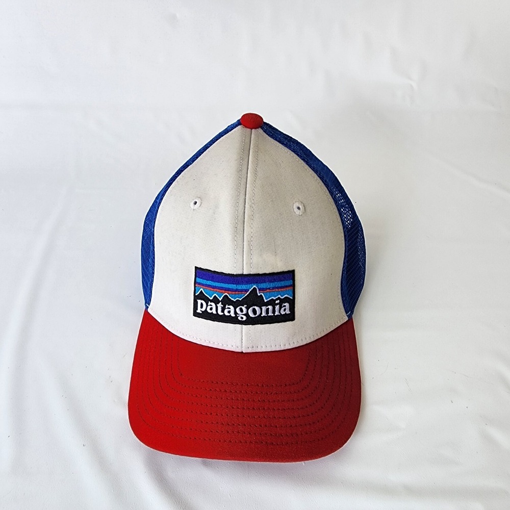 Patagonia Mesh SnapBack Trucker Hat P6 Logo Red White Blue Spellout Cap